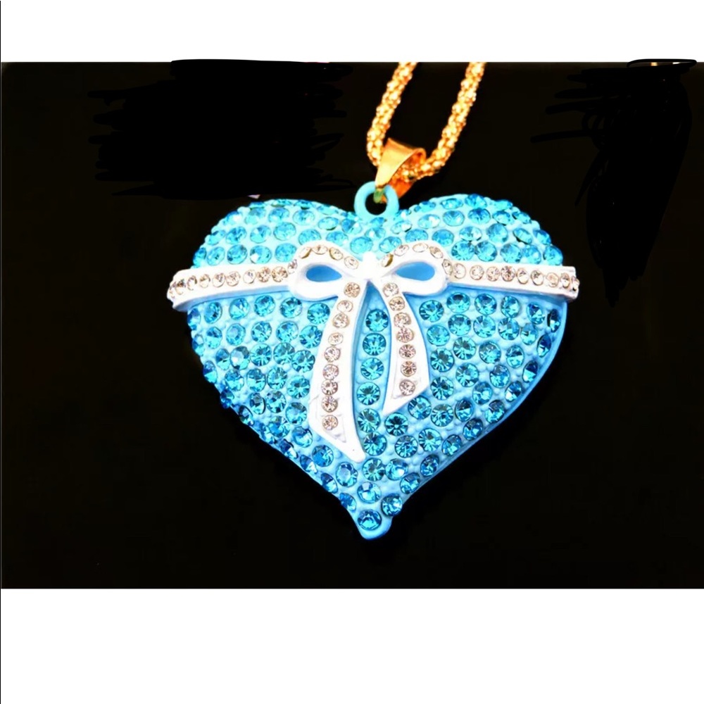 Crystal Blue Heart With Bow Necklace